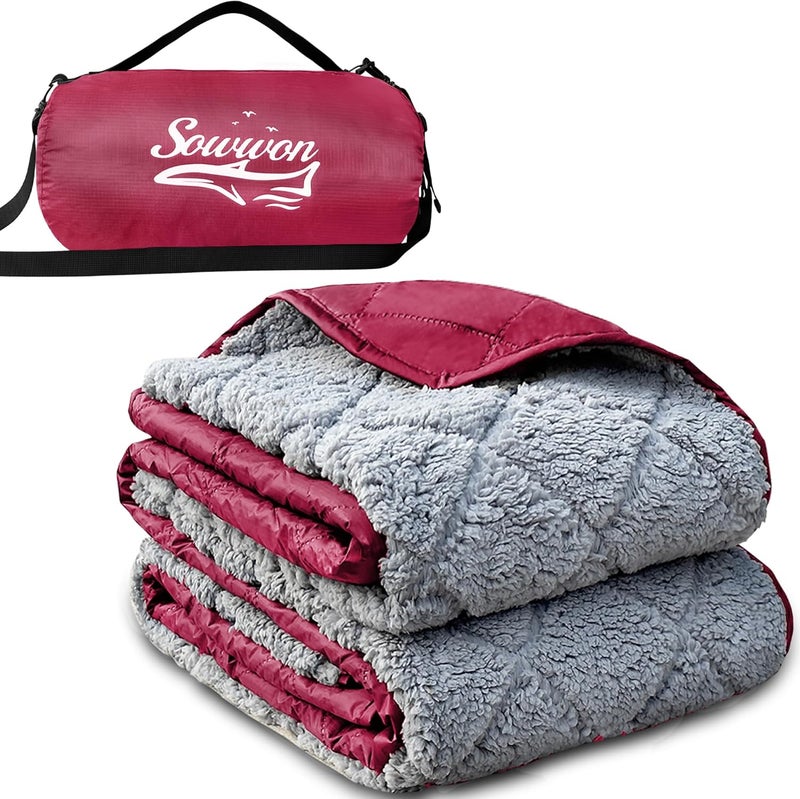sowwon Waterproof Outdoor Blanket Packable, Stadium Blankets for Camping with Sherpa Fleece Lining, Large Windproof Emergency Throw for Garss Picnic Hiking Road Trip, Machine Washable, 82"X 55"/ 92''X 60'' - Image 1